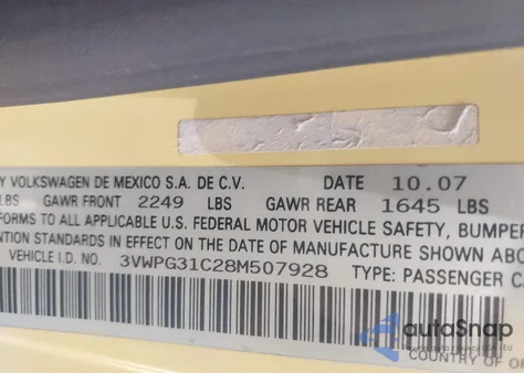 2008 Volkswagen New Beetle S z USA, uszkodzony, nr VIN 3VWPG31C28M507928